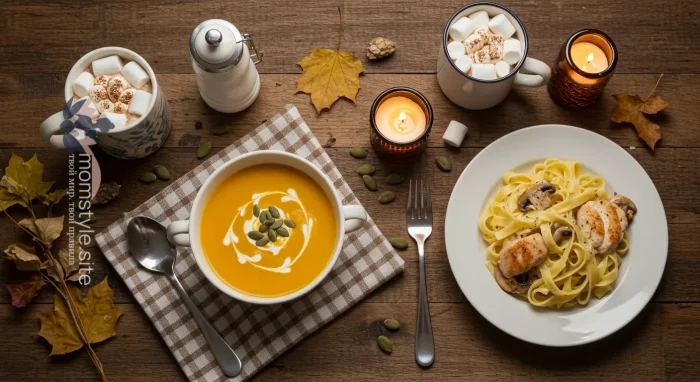 Аппетитный осенний ужин на семью: тыквенный суп-пюре, паста и горячий шоколад.