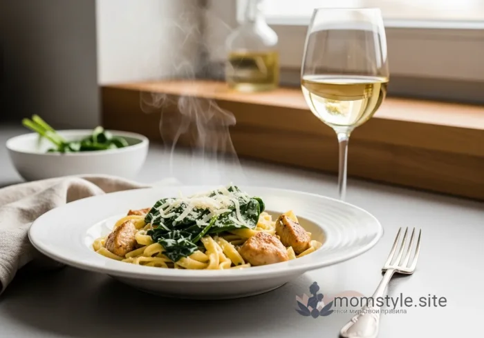 Аппетитная тарелка с кремовой пастой, курицей и шпинатом на светлом деревянном столе