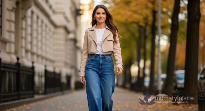 Стильная девушка в модном укороченном тренче на улицах осеннего города.