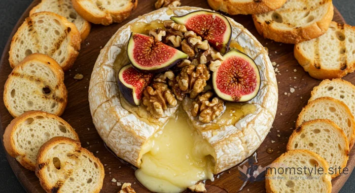 Горячий запеченный сыр бри с инжиром, орехами и медом на деревянной доске.