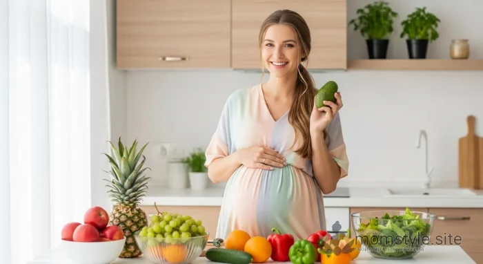 Счастливая беременная женщина в светлой кухне выбирает свежие фрукты и овощи, символизируя здоровое питание во время беременности. Естественный свет, воздушная атмосфера, пастельные тона.