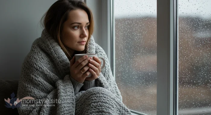 Женщина в уютном пледе пьет чай у окна, размышляя о своем ментальном здоровье осенью.