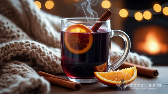 Прозрачная кружка с горячим безалкогольным глинтвейном, украшенная апельсином и палочкой корицы.