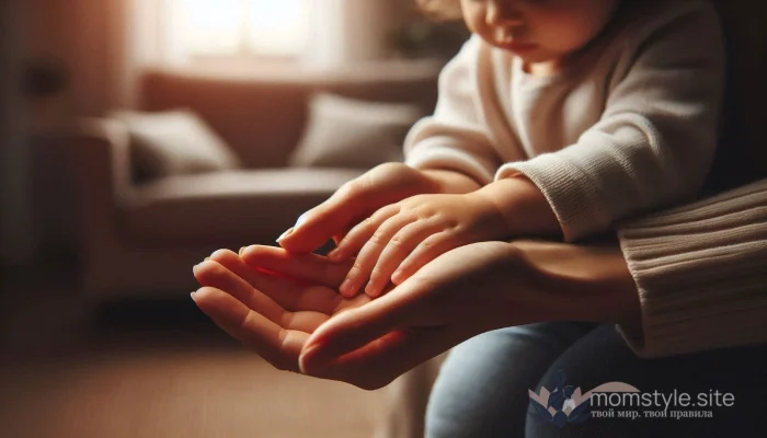 Мама и ребенок используют метод «касания руки», чтобы научиться не перебивать.