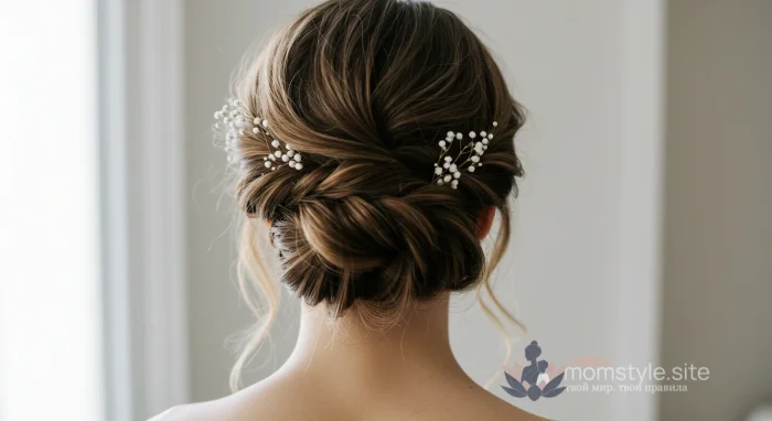 Женщина с элегантной прической «ракушка» на светлом фоне.