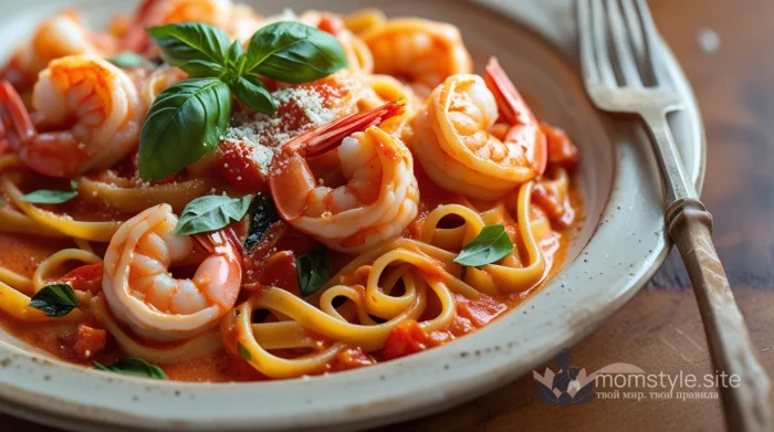 Тарелка аппетитной пасты с креветками в томатном соусе, украшенная свежим базиликом.