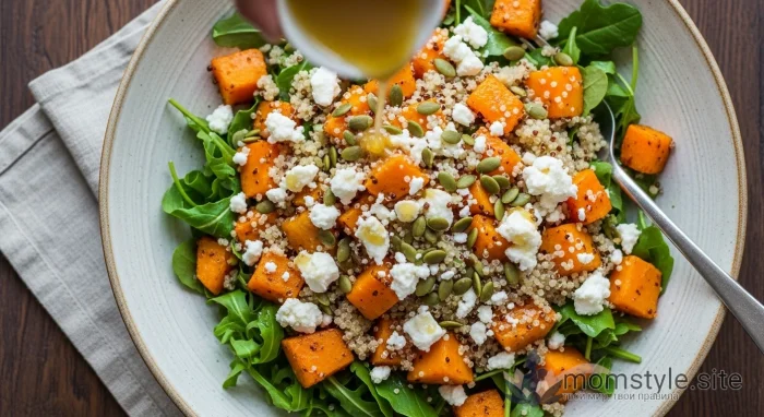 Большая тарелка с теплым осенним салатом с запеченной тыквой, киноа и сыром фета.