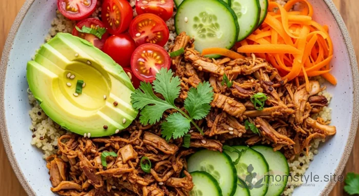 Яркий боул с рваным джекфрутом, киноа, авокадо и свежими овощами, вид сверху.