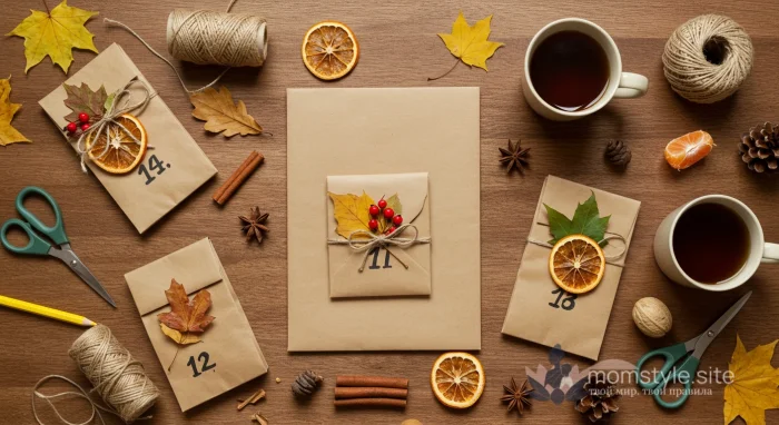 Процесс создания осеннего адвент-календаря с поделками и заданиями для детей.