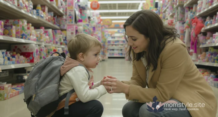 Мама спокойно разговаривает с ребенком в магазине, помогая ему справиться с эмоциями.