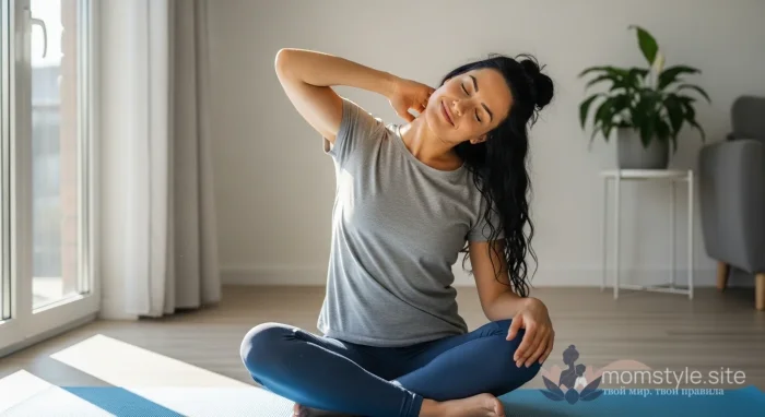 Женщина делает мягкую растяжку шеи, сидя на коврике для йоги в светлой комнате.