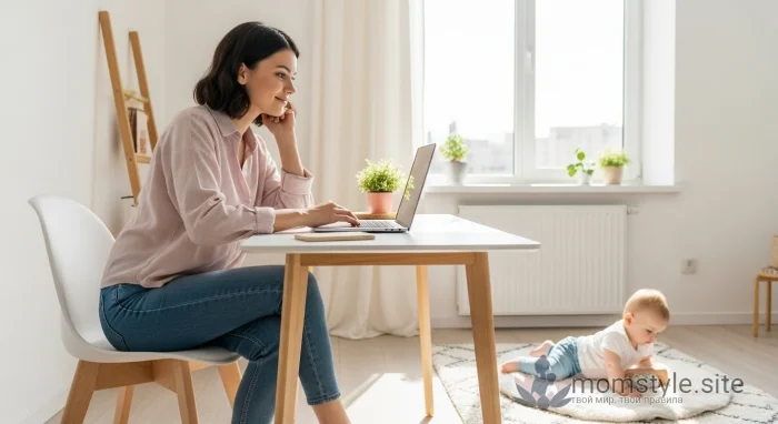 Стильная молодая мама с улыбкой работает за ноутбуком в светлой комнате, рядом играет малыш.