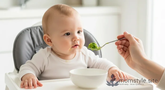 Счастливый малыш в стульчике для кормления пробует свой первый прикорм с ложечки.