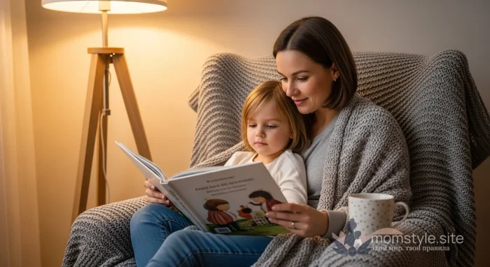 Мама читает ребенку уютную осеннюю книгу, сидя в кресле под теплым пледом.