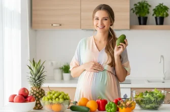 Счастливая беременная женщина в светлой кухне выбирает свежие фрукты и овощи, символизируя здоровое питание во время беременности. Естественный свет, воздушная атмосфера, пастельные тона.