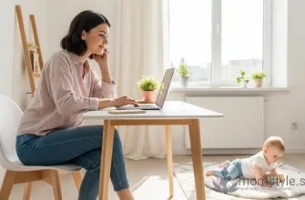 Стильная молодая мама с улыбкой работает за ноутбуком в светлой комнате, рядом играет малыш.