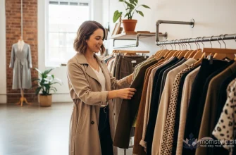 Стильная мама выбирает одежду в светлом винтажном магазине