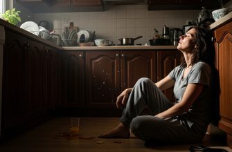 Мама пытается успокоиться на кухне после сложного утра с детьми.